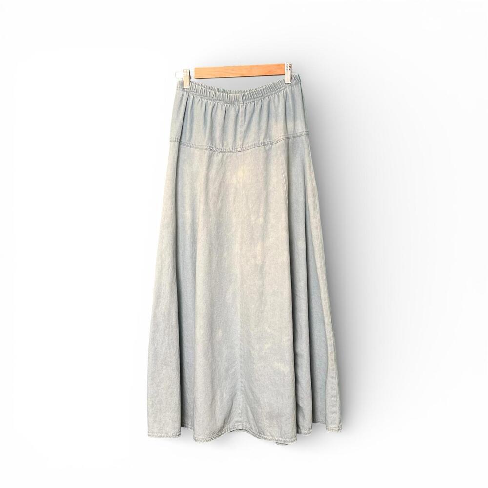 Vintage Acid Wash Long Denim Skirt with Elastic Waist Made in USA